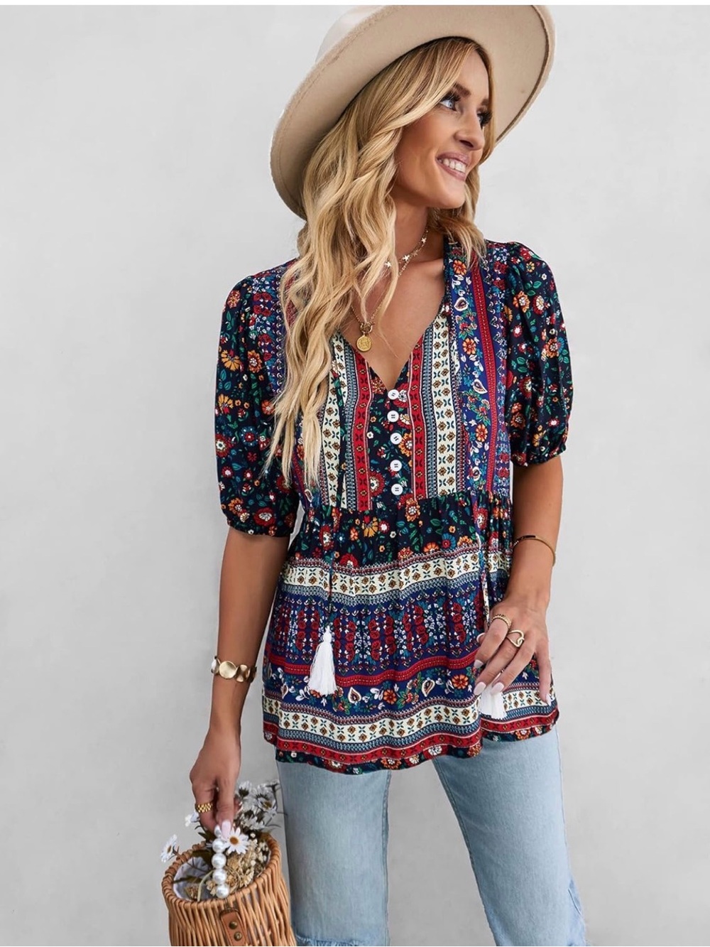 Bohemian Printed V-Neck Peasant Top - Black Floral